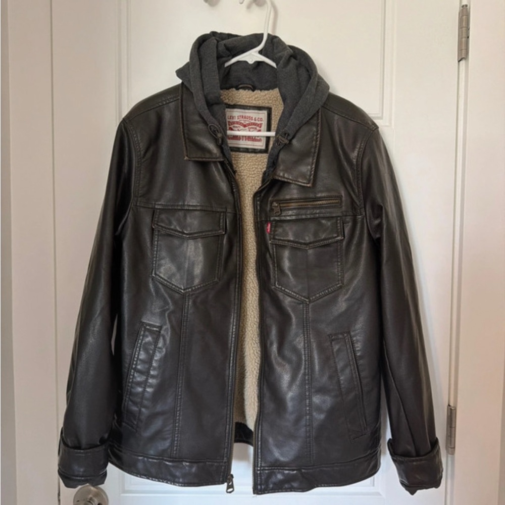 Levi's Dark Brown faux Leather Bomber Jacket with Gray Hood